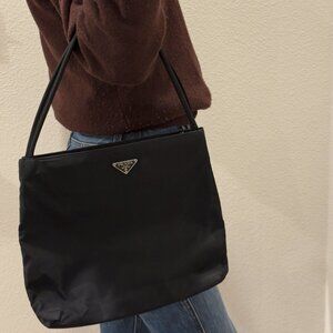 Prada Tessuto Black Nylon Shoulder Bag – Classic Tote with Logo - Authentic